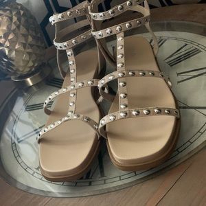 Tan gladiator sandals with metal beading